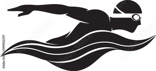 Dynamic black silhouette of a swimmer performing the butterfly stroke through stylized waves, symbolizing sport, fitness, and aquatic competition.