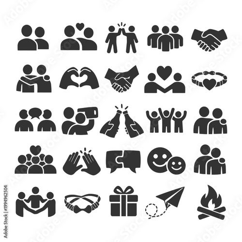 Collection of diverse friendship icon set depicting unity and gratitude.