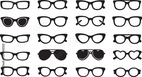 Collection of diverse black silhouette eyeglasses and sunglasses, including classic, modern, and novelty styles, arranged in a grid on a white background.