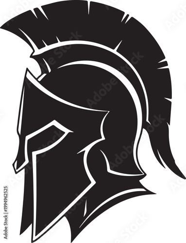 Stylized black silhouette of a Spartan helmet, representing ancient Greece, warfare, and strength, isolated on a white background.