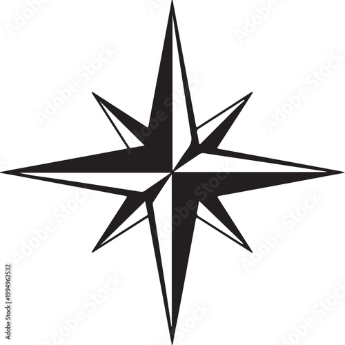 A stylized black and white compass rose or star, representing direction, navigation, and guidance, isolated on a clean white background for graphic design.