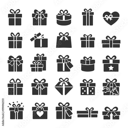 Collection of various gift icons featuring ribbons and bows.