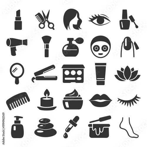 Beauty and spa icons: haircare, skincare, makeup, aromatherapy, wellness symbols.