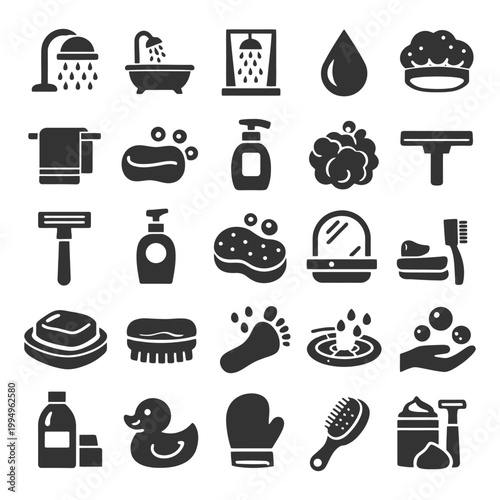 Bathroom essentials icons: shower, towel, soap, toothbrush, duck.