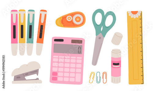 School and office supplies set with markers, calculator, scissors, ruler, stapler, glue stick, correction tape and paper clips. Hand drawn vector illustration isolated on white background.