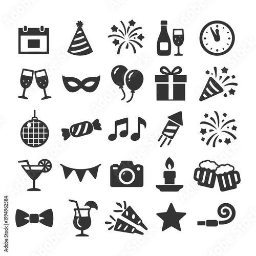 Festive icons set with party hat, fireworks, drinks, and celebration elements.