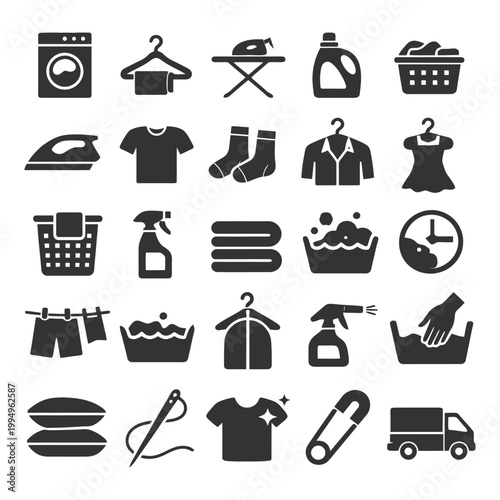 Laundry icons: washing, ironing, clothing care symbols collection.