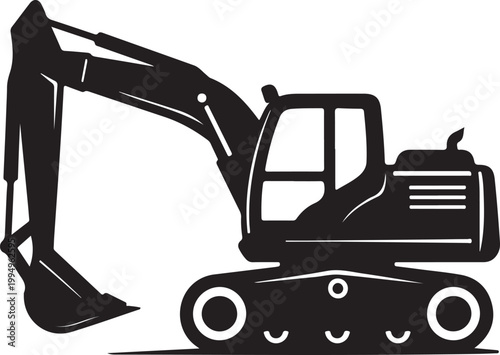 Black silhouette of a modern excavator digging with its bucket, isolated on a white background, symbolizing construction and heavy machinery.