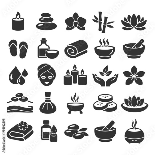 Collection of spa and relaxation icons featuring candles and wellness elements.