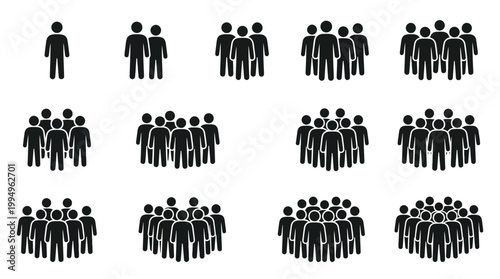 People Group Silhouettes Vector Collection Featuring Progressive Icons from Single Person to Large Crowd on White Background for Population, Community, Teamwork, and Participation Projects