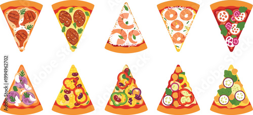 Pizza slices set with various toppings including pepperoni, seafood and vegetables in flat style for menu, food illustration and restaurant design