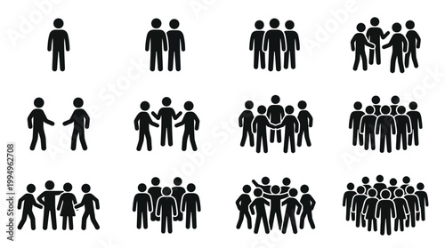 People Group Silhouettes Vector Collection Featuring Progressive Icons from Single Person to Large Crowd on White Background for Population, Community, Teamwork, and Participation Projects
