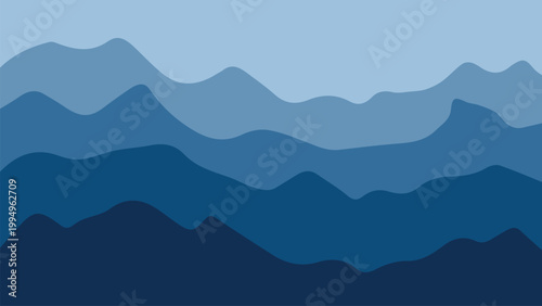 Abstract layered mountain range in varying shades of blue, a serene and minimalist landscape illustration