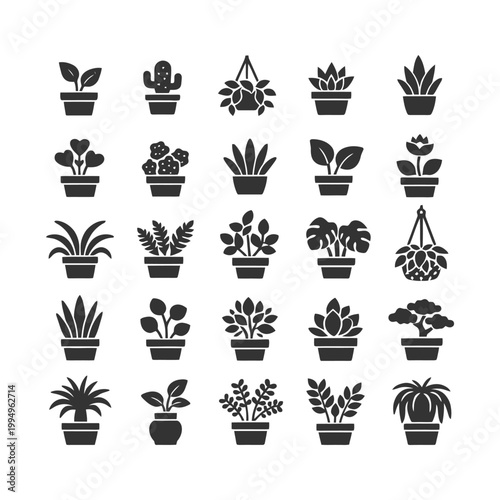 Collection of decorative houseplant icons in pots.