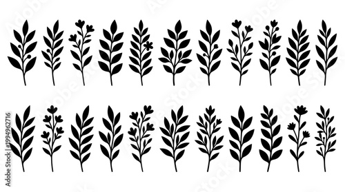Botanical Plant Silhouettes Vector Collection Featuring Twenty Unique Leaf and Floral Designs in Minimalist Black Artwork on White Background for Nature, Decorative, and Graphic Design Projects