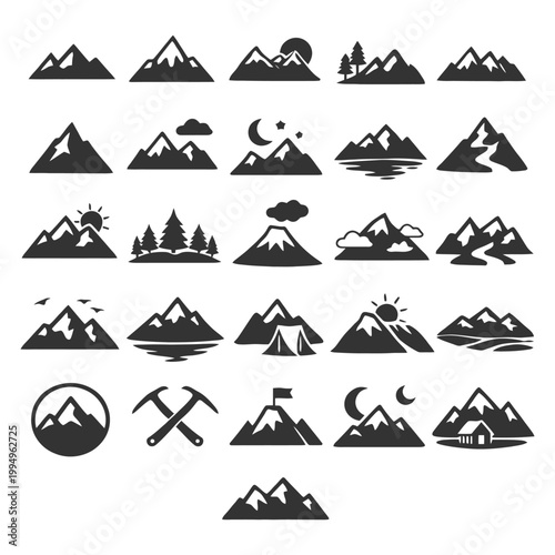 Mountain icon set featuring landscapes, peaks, and outdoor elements in black silhouette.