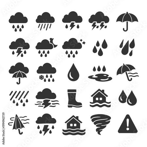 Weather and climate icons set with rain, storms, and tornado symbols.
