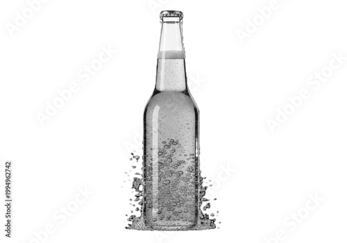 A bottle of beer with shattered glass around its base