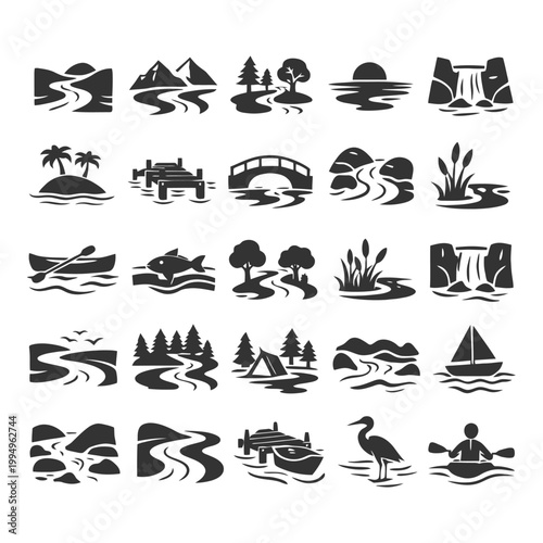 Nature scenic icons: rivers, mountains, sunsets, islands, wildlife, adventure.