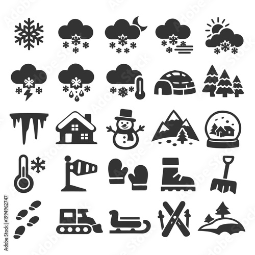 Winter icons: snowflakes, weather, snowman, mountains, winter activities, igloo, skiing.