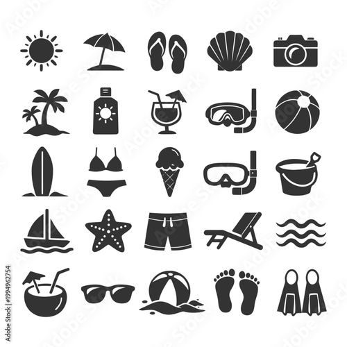 Summer beach icons set: sun, palm, surfboard, ice cream, flip flops, snorkel gear.