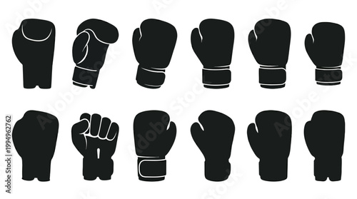 Boxing Gloves Silhouettes Vector Collection Featuring Twelve Unique Designs with Lace‑Up, Velcro, and Elastic Styles on Clean White Background for Sports, Training, and Fitness Projects