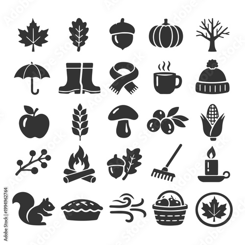 Autumn icons: leaves, acorn, pumpkin, tree, umbrella, boots, scarf, coffee, hat, harvest.