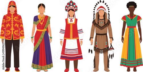 Set of global traditional costumes featuring Chinese dragon robe Indian sari Russian folk dress Native American regalia and African dashiki for cultural diversity and education.