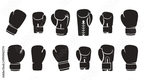 Boxing Gloves Silhouettes Vector Collection Featuring Twelve Unique Designs with Lace‑Up, Velcro, and Elastic Styles on Clean White Background for Sports, Training, and Fitness Projects