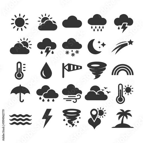 Weather icons set: sun, clouds, rain, storm, snow, wind, tornado, rainbow.