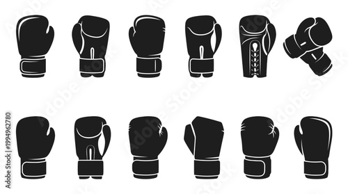Boxing Gloves Silhouettes Vector Collection Featuring Twelve Unique Designs with Lace‑Up, Velcro, and Elastic Styles on Clean White Background for Sports, Training, and Fitness Projects