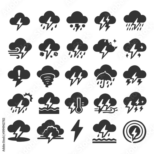 Stylized weather icon set depicting various storm and climate conditions.