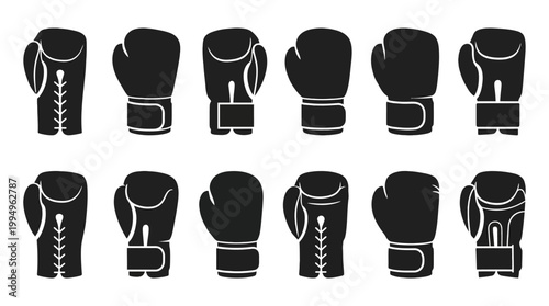 Boxing Gloves Silhouettes Vector Collection Featuring Twelve Unique Designs with Lace‑Up, Velcro, and Elastic Styles on Clean White Background for Sports, Training, and Fitness Projects