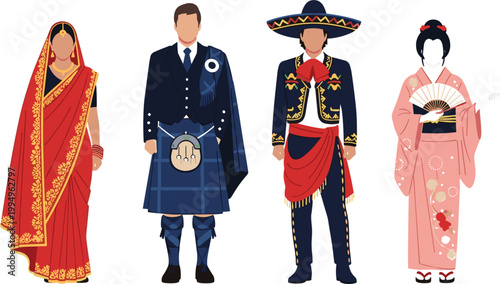 Set of global traditional costumes featuring Indian red sari Scottish kilt with sporran Mexican mariachi charro outfit and Japanese pink kimono with fan for cultural diversity.