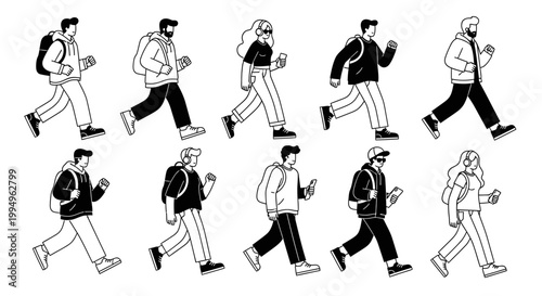 People walking in various business casual outfits.