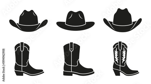 Cowboy Hats and Boots Silhouettes Vector Collection on White Background Featuring Western Headwear Styles and Classic Footwear Designs with Decorative Stitching Patterns