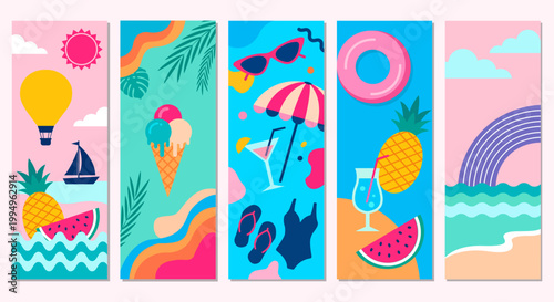 Colorful summer beach themed flat vector illustration set with tropical elements ice cream, cocktail, pineapple, sunglasses, umbrella, rainbow ocean, and vacation vibes