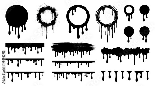 Dripping Shapes Vector Collection on White Background Featuring Circular Ink Drops, Paint Drips, Fluid Silhouettes, Horizontal Drip Patterns, Artistic Texture Elements