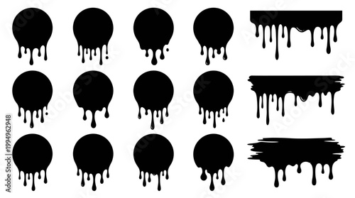 Dripping Shapes Vector Collection on White Background Featuring Circular Ink Drops, Paint Drips, Fluid Silhouettes, Horizontal Drip Patterns, Artistic Texture Elements