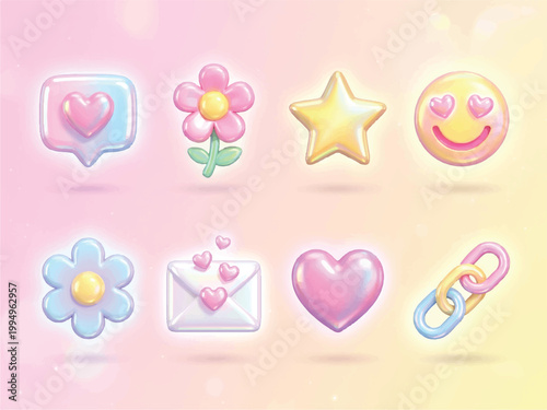 Cute shiny social media icons with hearts flowers stars and links on pastel background