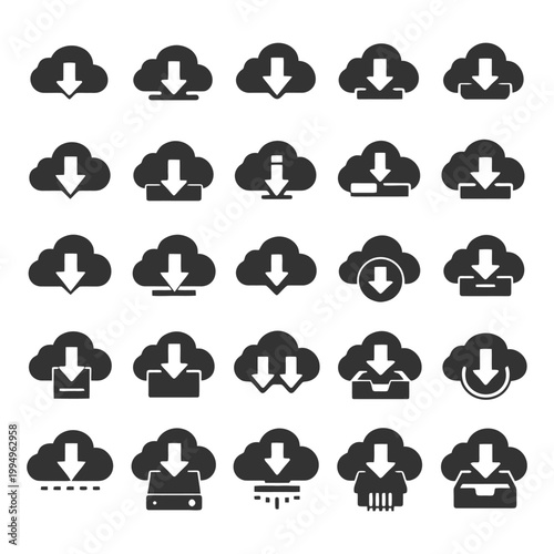 Set of 25 cloud download icons with arrows and variations.