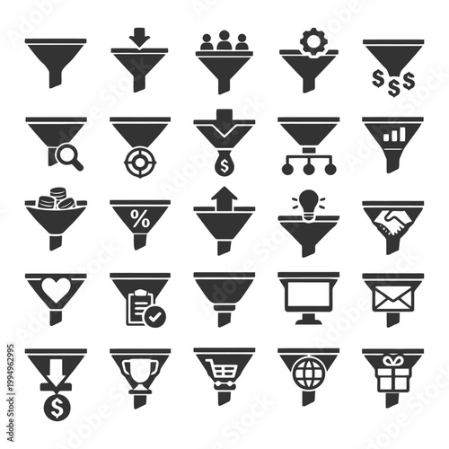 Set of marketing funnel icons representing sales and business concepts.