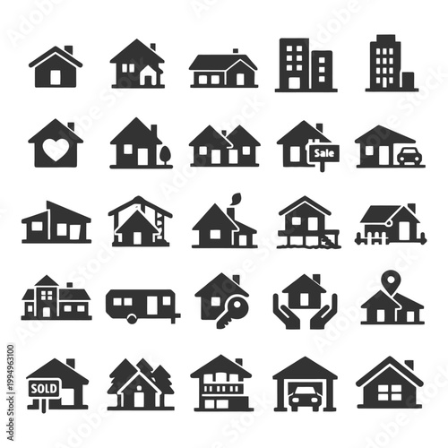 Set of 24 real estate and home icon illustrations in black and white.