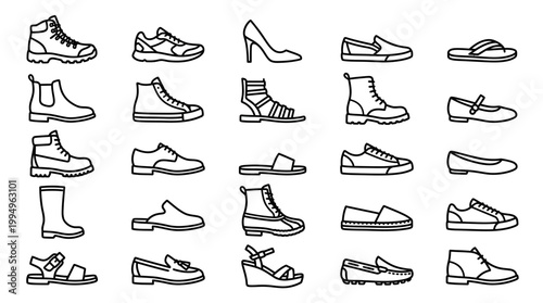 Outlined Shoe Icons Vector Collection on White Background Featuring Sneakers, Boots, Heels, Sandals, Loafers, Dress Shoes, Slip‑Ons, Cowboy Boots, Mary Janes, Ankle Boots