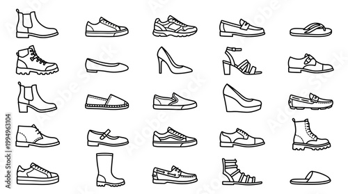 Outlined Shoe Icons Vector Collection on White Background Featuring Sneakers, Boots, Heels, Sandals, Loafers, Dress Shoes, Slip‑Ons, Cowboy Boots, Mary Janes, Ankle Boots