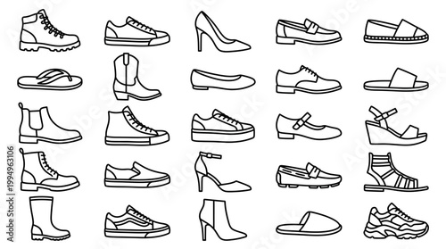 Outlined Shoe Icons Vector Collection on White Background Featuring Sneakers, Boots, Heels, Sandals, Loafers, Dress Shoes, Slip‑Ons, Cowboy Boots, Mary Janes, Ankle Boots
