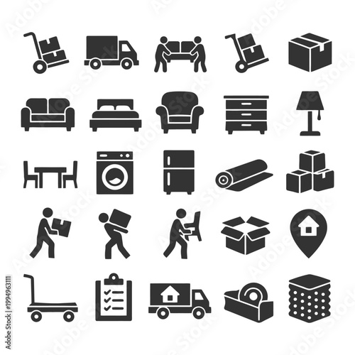 Home moving and furniture icons set: delivery, furniture, logistics symbols.