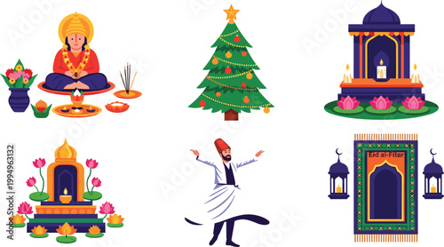 Traditional Cultural and Religious Symbols Set Featuring Meditation, Festivals, Holiday Celebrations, and Sacred Rituals.