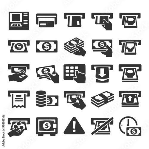 Atm transaction icons set representing money withdrawal and banking actions.
