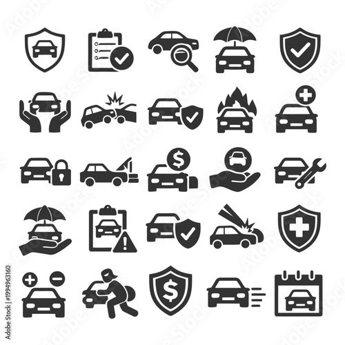 Car insurance icons: safety, protection, claims, coverage, repair.